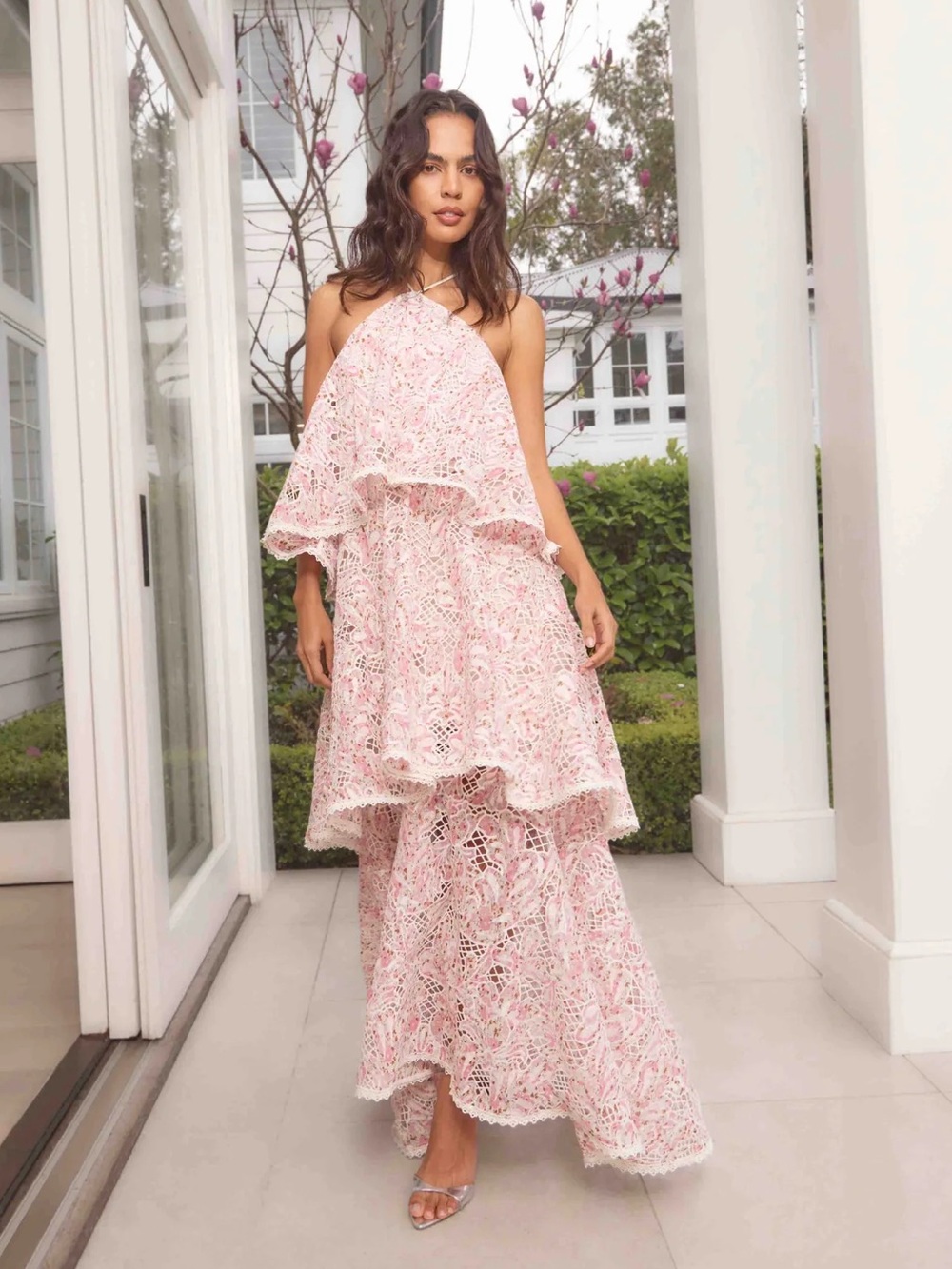 elliatt valencia pink floral embroidered halter tiered maxi gown dress medium